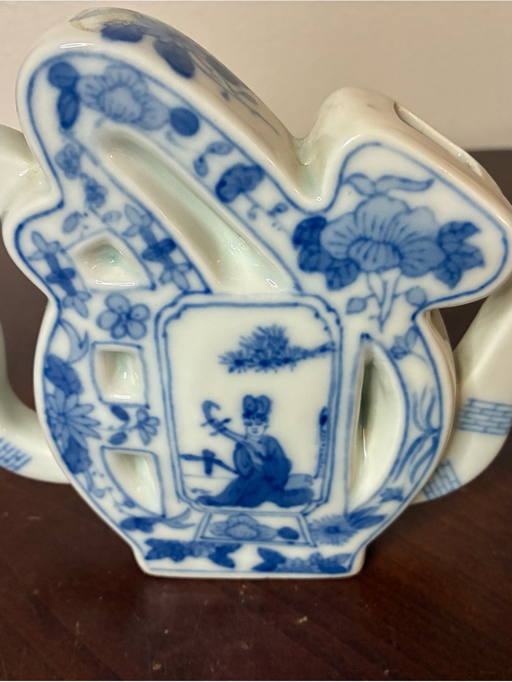 Chinese porcelain white and blue puzzle teapot (Quianlong 1970s)